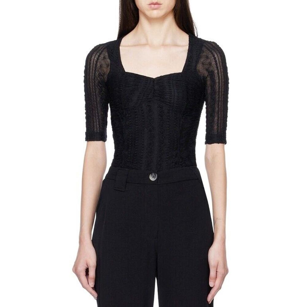 Ganni Ruched Stretch Lace Top Black Sweetheart Neckline Whimsigoth SZ 6 US